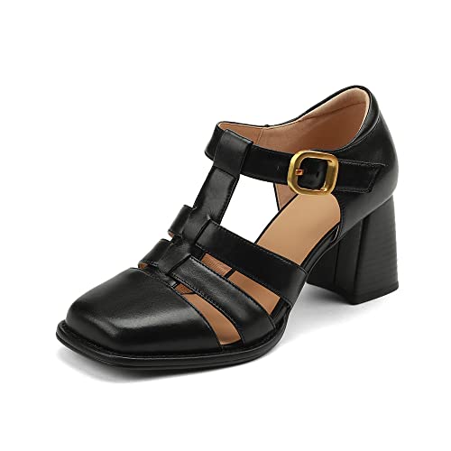 TinaCus Damen Square Toe Echtes Leder Handgemachte Schnalle Mid Chunky Heels Chic Sandalen, Schwarz, 7 von TinaCus