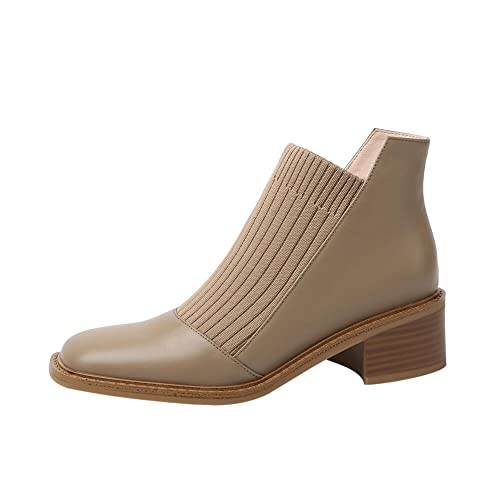 TinaCus Handgefertigte Damen Echtleder Casual Slip on Stretch Wolle Quadratische Zehen Niedriger Blockabsatz Stiefeletten Schuhe, aprikose, 37.5 EU von TinaCus