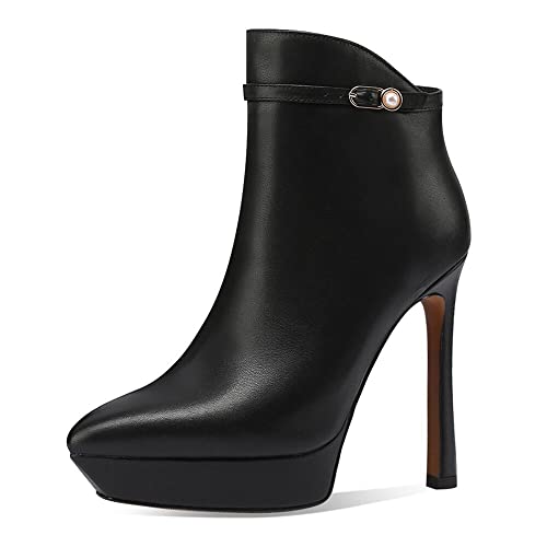 TinaCus Handgefertigte Damen Echtleder Knöchelriemen Perle Plateau Seitlicher Reißverschluss Spitze Zehen Hoher Stiletto-Absatz Stiefeletten Schuhe, Absatz: 10 cm, 35.5 EU von TinaCus