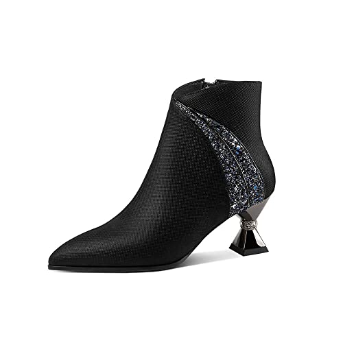TinaCus Handgefertigte Damen-Stiefeletten aus echtem Leder mit Strasssteinen, gewebtes Design, spitzer Zehenbereich, seitlicher Reißverschluss, mittlere Spule, Absatz, Stiefeletten, Schwarz, 37.5 EU von TinaCus