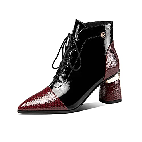 TinaCus Lack und echtes Leder Damen Handgemachte Blockabsatz Spitze Zehen Schnürstiefeletten, Burgund, 40 EU von TinaCus