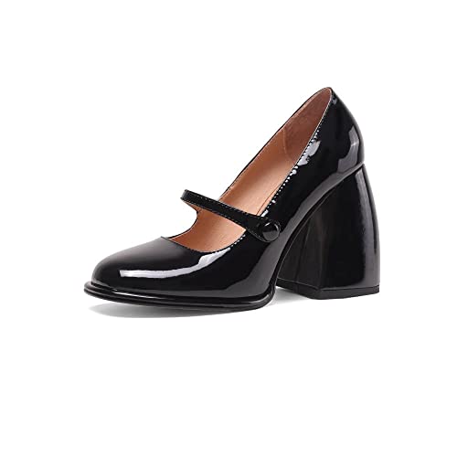 TinaCus Mary Jane Pumps aus echtem Leder, handgefertigt, mit quadratischem Zehenbereich, hoher Blockabsatz, Schwarz, 40 EU von TinaCus