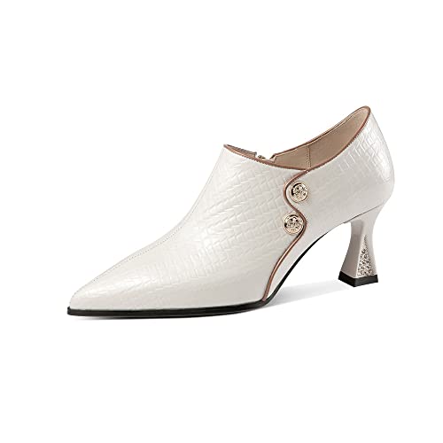 TinaCus Spitze Zehenpartie Lackleder Handmade Side Zipper Mid Chunky Heels Damen Stilvolle Pumps Schuhe mit Knöpfen Dekor, Cremeweiß, 42.5 EU von TinaCus