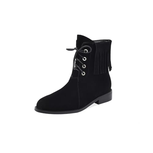 TinaCus Wildleder Damen Runde Zehe Handgefertigte Quasten Schnürstiefeletten Flache Stiefeletten, Schwarz, 37 EU von TinaCus