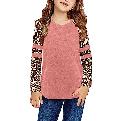 Anstecknadel Damen Mädchen Rundhalsausschnitt Solide Leopard Basic T-Shirt Tops Langarm Lose Lässige Herbstbluse T-Shirts (1-Pink, 8-9 Years) von TinaDeer