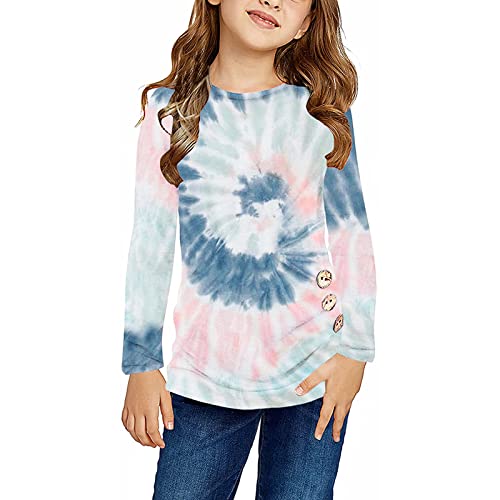 Anstecknadel Damen lose Knopfbluse, T-Shirt, Batik-Ärmel, Lange Mädchen, lässige Vorderseite, lässiger Knoten, Mädchen-Oberteile (2-Blue, 10-11 Years) von TinaDeer