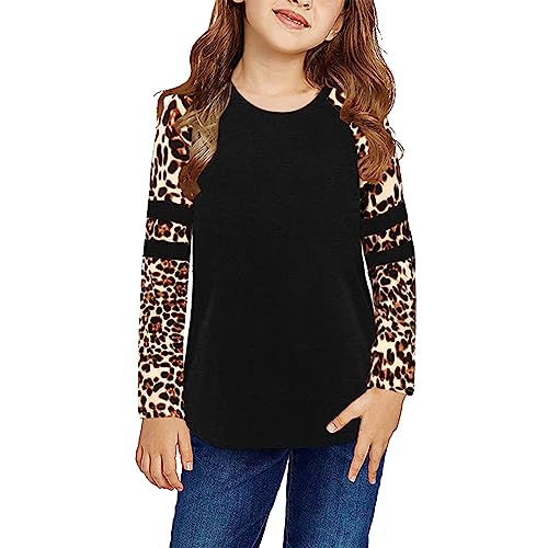 Baby Hemd Junge Kleines Mädchen Rundhalsausschnitt Solide Leopard Basic T-Shirt Tops Langarm Lose Lässige Herbstbluse T-Shirts (1-Black, 5-6 Years) von TinaDeer