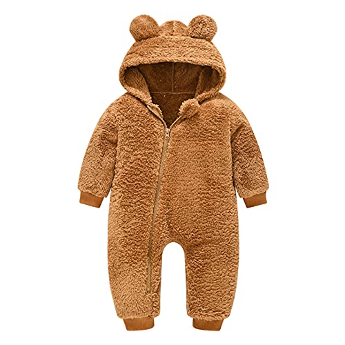 TinaDeer Baby Schneeanzüge Winter Overall mit Kapuze Winter Strampler Fleece Overall mit Fuß für Babys Neugeborene Kleinkind Mädchen Jungen Warm Jumpsuit für 0-12 Monate (Braun, 0-6 Monate) von TinaDeer