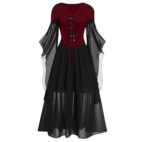 Halloween Kleid Damen Halloween Kostüm Damen Gothic Kleid Renaissance Kleid Damen A-Linie Maxi Kleider mit Schmetterlingsärmeln Karneval Kostüm Festliches Vintage Hexenkleid Cosplay Club Party Kostüme von TinaDeer