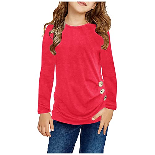 Kinder Mädchen Mode Tops Shirt Einfarbig Knopf Casual Tunika Tops Langarm Lose Rundhals Bluse T-Shirt T-Shirt Langarmshirt Einfarbig Kinder von TinaDeer