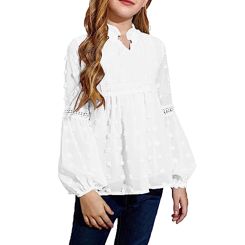 Langarmshirt für Kinder Mädchen Elegant Puffärmel V-Ausschnitt Tshirt Chiffon lässige Bluse Frühling Herbst Oberteile Long Sleeve Tops Mode Shirts für 3 Jahre - 9 Jahre von TinaDeer