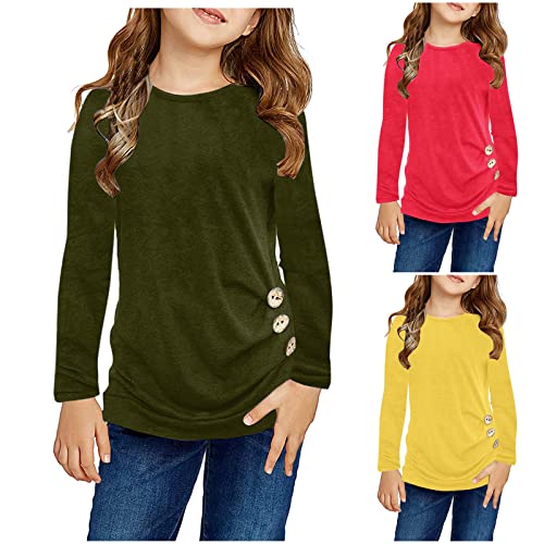 Langarmshirt für Mädchen T-Shirt Langarmshirt Lässige Einfarbig Longsleeve Tunika Tops Knoten Vorne Knopf Langarm Lässige Lose Bluse T-Shirt T-Stück für Teenager Mädchen (Grün, 12-13 Jahre) von TinaDeer