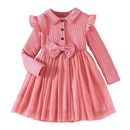 Mädchen Langarm Bowknot Einfarbig Gerippt Tüll Rüschen Strickwaren Kleid Tanz Party Kleider Kleidung (Z09-Pink, 3-4 Years) von TinaDeer