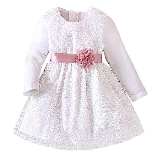 Mädchen Langarm Einfarbig Blumen Spitze Rüschen Prinzessin Kleid Tanz Party Kleider Kleidung (Z11-White, 6-9 Months) von TinaDeer