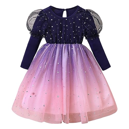 Mädchen Langarm Stern Mond Pailletten Tie Dye Tüll Rüschen Kleid Tanz Party Kleider Kleidung (Z07-Blue, 5-6 Years) von TinaDeer