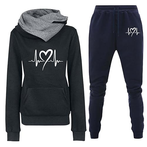 Mit Fleece gefüttertes Damen-Kapuzenpullover mit Herzschlag-Print und passender Jogginghose im Set Hosenanzug Damen Hochzeit Zweiteiler (03 Black, L) von TinaDeer