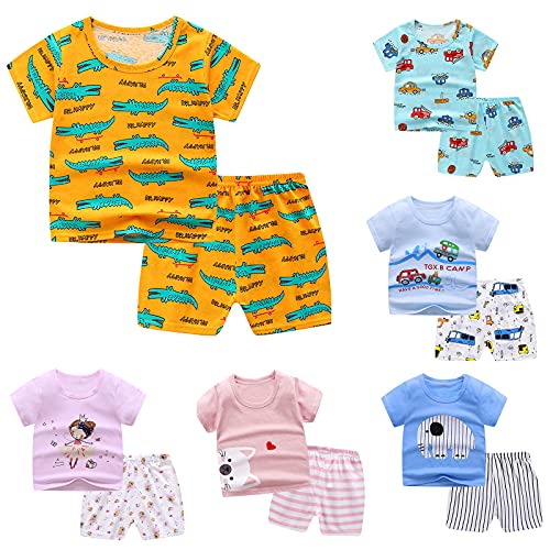 Sommer Kurz Schlafanzug Baby Kinder Mädchen Jungen Baumwolle Zweiteiliger Schlafanzüge Cartoon-Druck Nachtwäsche Rundhals Kurzarm Pyjama Set 50 56 62 68 74 80 86 92 98 104 110 (Hellblau, 18-24 Monate) von TinaDeer