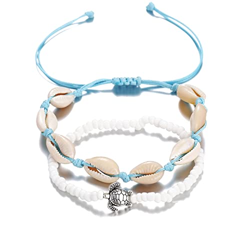 TinaDeer 2er Pack Fußkette Damen Boho Fußkettchen Muschel Schildkröte Knöchel-Armband Charme Fashion Fußkette Beach Strand Verstellbar Fuß Schmuck für Frauen Mädchen (Mehrfarbig, Einheitsgröße) von TinaDeer