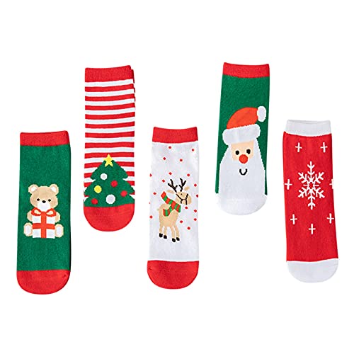 TinaDeer 5 Paare Baby Jungen Mädchen Weihnachten Cartoon Socken Kleinkind Kinder Herbst Winter Warm Socken Baumwolle Socken Kindersocken (Red, L) von TinaDeer