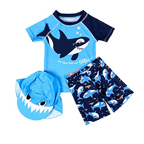 TinaDeer Baby Jungen Bademode Kinder Kurz Badeanzug Tops + Badehose mit Sonnenhut Hai-Druck Schwimmbekleidung Sonnenschutz Badebekleidung UV Schutz Bade-Set für 2-7 Jahre Jungen von TinaDeer