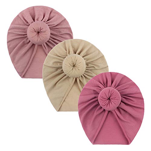 TinaDeer Baby Turban Hüte 3 Stücke Kleinkind Kopfband Turban Haarbänder Taufe Headwrap Newborn Stirnband Neugeborenes Baby Mädchen Volltonfarbe geknotet Hut Mütze Hut Hut (D) von TinaDeer