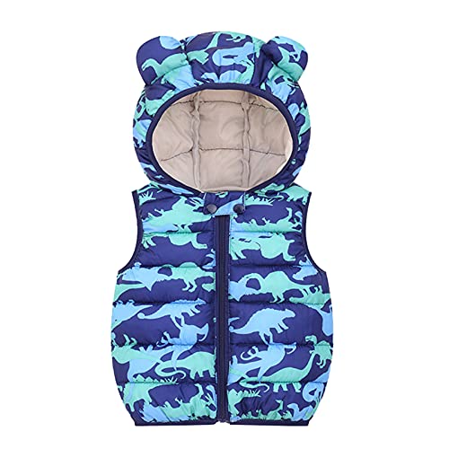 TinaDeer Baby Unisex Daunenweste Dinosaurier-Druck Steppweste mit Kapuzen Weste Jacke Kinder Mädchen Jungen Winter Kapuzenweste Ärmellos Winterjacke für 6 Monate - 4 Jahre (Blau, 110) von TinaDeer