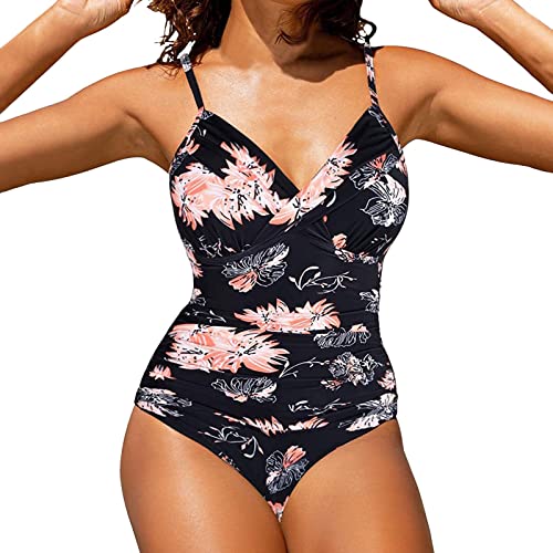 TinaDeer Badeanzug Damen Bauchweg Push Up Große Größe Einteilige Bademode Damen mit Cups Badeanzüge für Damen Gestapelten V-Ausschnitt Plissiert Monokinis Schwimmanzug Swimsuit for Women von TinaDeer