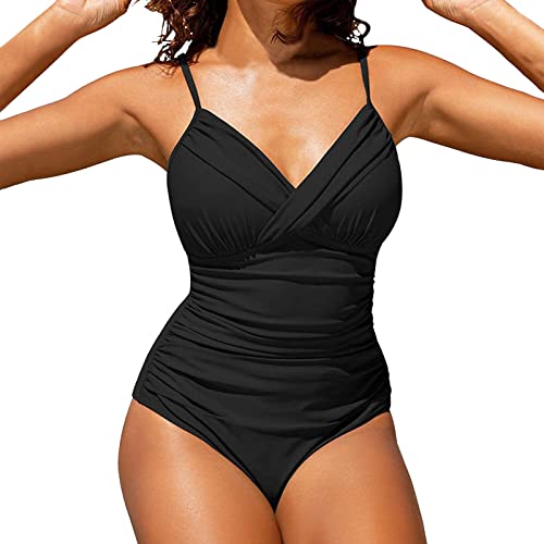 TinaDeer Badeanzug Damen Bauchweg Push Up Große Größe Einteilige Bademode Damen mit Cups Badeanzüge für Damen Gestapelten V-Ausschnitt Plissiert Monokinis Schwimmanzug Swimsuit for Women von TinaDeer