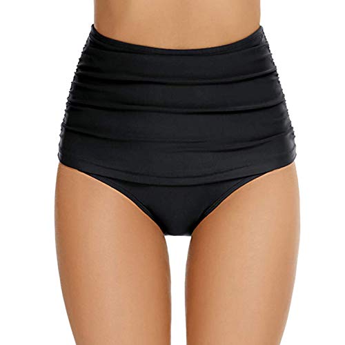 TinaDeer Bikinihose Damen Bauchweg High Waist Bikinislip Ruched Klassische Badehose Einfarbig Hoher Taille Schwimmhose Sexy Bikini Slip für Frauen Gr.S-XXL, Schwarz von TinaDeer