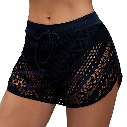 TinaDeer Damen Badeshorts Frauen Große Größe Sommer Hollow Jaquard Badehose High Waist Kurze Schwimmshorts Hotpants Schnell Trocknendes Strandhose Tankini-Shorts Gr.S-5XL (Schwarz, L) von TinaDeer