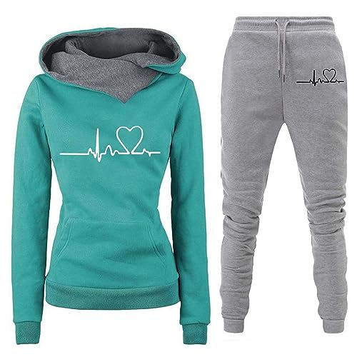 TinaDeer Damen-Fleece-Langarm-Sweatsuit mit Kapuze und Herz-Print, inklusive - und Unterteil Leggins Damen (01 Grün2, L) von TinaDeer