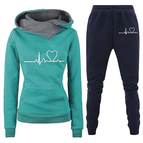 TinaDeer Damen-Fleece-Langarm-Sweatsuit mit Kapuze und Herz-Print, inklusive - und Unterteil Leggins Damen (01 Grün3, M) von TinaDeer