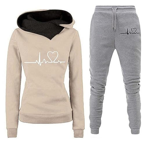 TinaDeer Damen-Fleece-Langarm-Sweatsuit mit Kapuze und Herz-Print, inklusive - und Unterteil Leggins Damen (01 Khaki1, L) von TinaDeer