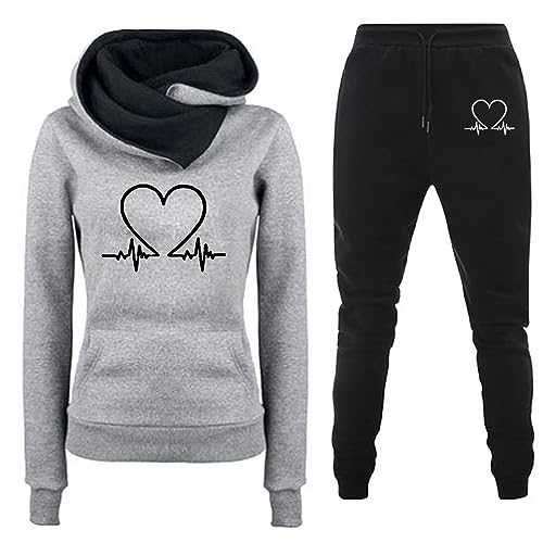 TinaDeer Damen-Kapuzen-Sweatshirt-Set mit Aufdruck und Tasche, Kombination langärmligem Pullover und sportlicher Hose Freizeit Set Damen (02 Grey, L) von TinaDeer