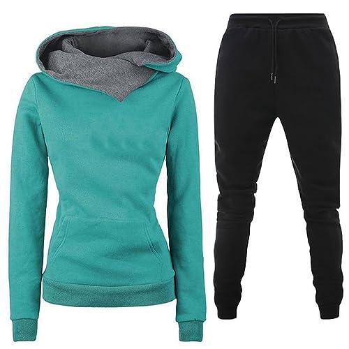 TinaDeer Damen-Set, einfarbig, verdicktes Fleece, lässige Sportbekleidung, unregelmäßiger Kapuzenpullover, lange Ärmel, Jogginghosen-Set Hosenanzug Damen Hochzeit Zweiteiler (04 Green, L) von TinaDeer