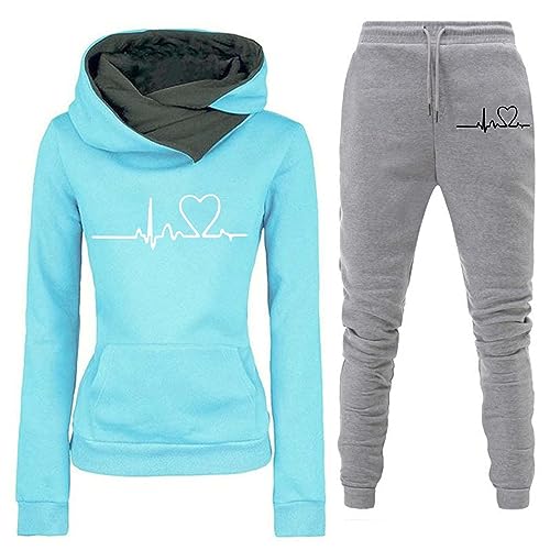 TinaDeer Damen-Set mit lässigem Blumendruck, langärmeligem Kapuzenpullover und Hose mit Taschen Leggins Damen (01 BU3, L) von TinaDeer