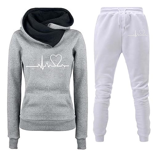 TinaDeer Damen-Set mit lässigem Blumendruck, langärmeligem Kapuzenpullover und Hose mit Taschen Leggins Damen (01 Grey3, M) von TinaDeer