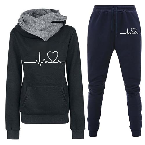 TinaDeer Damen-Set mit lässigem Blumendruck, langärmeligem Kapuzenpullover und Hose mit Taschen Leggins Damen (01 Schwarz1, M) von TinaDeer