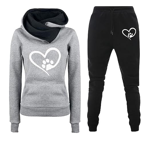 TinaDeer Damen Sportanzug Love Print Langarm Sportliches Zweiteiliges Set Bequemer Kapuzen-Sweatshirt-Trainingsanzug Hausanzug Damen Elegant (Grey, M) von TinaDeer