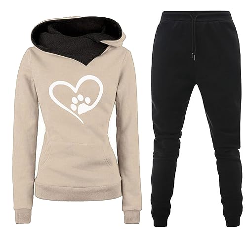 TinaDeer Damen Sportanzug Love Print Langarm Sportliches Zweiteiliges Set Bequemer Kapuzen-Sweatshirt-Trainingsanzug Hausanzug Damen Elegant (KH2, XXL) von TinaDeer