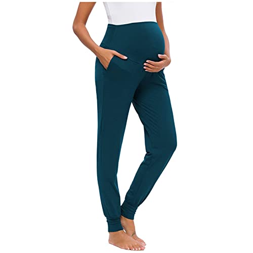 TinaDeer Damen Umstandshose Pyjamahose Schwangerschaft Freizeithose Mit 2 Taschen für Schwangere Hosen Lang Schlafanzug/Pyjama/Yoga Hose (Blau, XXL) von TinaDeer