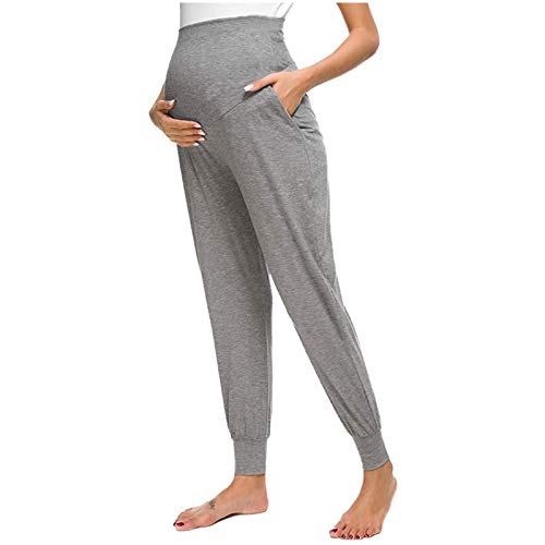 TinaDeer Damen Umstandshose Pyjamahose Schwangerschaft Freizeithose Mit 2 Taschen für Schwangere Hosen Lang Schlafanzug/Pyjama/Yoga Hose (Grau, XXL) von TinaDeer