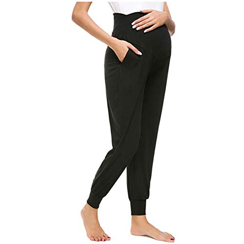 TinaDeer Damen Umstandshose Pyjamahose Schwangerschaft Freizeithose Mit 2 Taschen für Schwangere Hosen Lang Schlafanzug/Pyjama/Yoga Hose (Schwarz, XXL) von TinaDeer