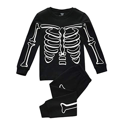 TinaDeer Halloween Glühen Schlafanzug Set Skelett-Druck Kinder Baby Jungen Mädchen Nachtwäsche Set Baumwolle Zweiteiliger Langarm Tops + Hosen Pyjamas Outfits für 1 - 7 Jahre (110, Schwarz) von TinaDeer