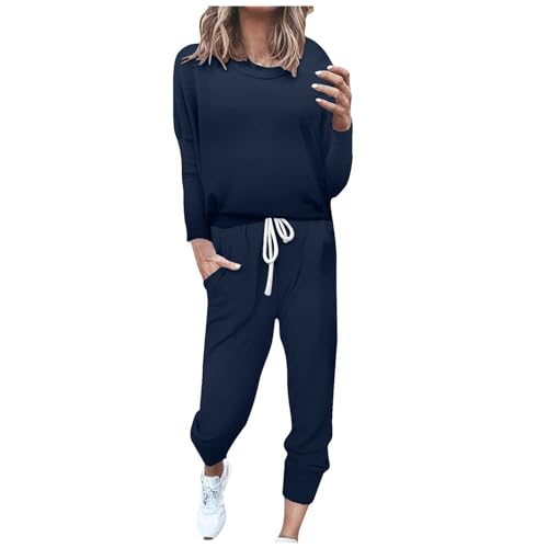 TinaDeer Jogginganzug Damen Hausanzug Trainingsanzug Sets Langarm Sweatshirt Jogginghose Damen Einfarbig Zweiteiler Outfit Herbst Sport Set Damen Jogginganzüge (001 Navy, XL) von TinaDeer