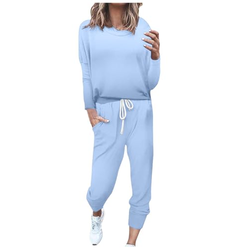 TinaDeer Jogginganzug Damen Hausanzug Trainingsanzug Sets Langarm Sweatshirt Jogginghose Damen Einfarbig Zweiteiler Outfit Herbst Sport Set Damen Jogginganzüge (01 Light Blue, L) von TinaDeer