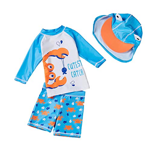 TinaDeer Jungen Bademode Badeanzug Krabbe Druck Schwimmbekleidung UV Schutz Baby Kinder Sonnenschutz Badebekleidung Bade-Set Kurz Tops+Badehose mit Sonnenhut (Blau, 6-7 Jahre) von TinaDeer