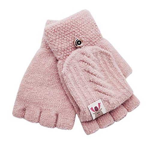 TinaDeer Kinder Mädchen Jungen Halbfinger Handschuhe Fingerlose Fäustlinge Winter Fingerhandschuhe Strickhandschuhe Thermohandschuhe mit Klappe (Rosa, 15.5X8.5cm) von TinaDeer