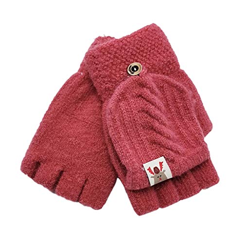 TinaDeer Kinder Mädchen Jungen Halbfinger Handschuhe Fingerlose Fäustlinge Winter Fingerhandschuhe Strickhandschuhe Thermohandschuhe mit Klappe (Rot, 15.5X8.5cm) von TinaDeer