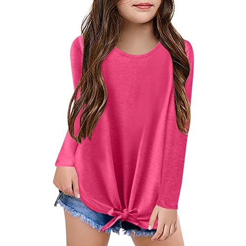 TinaDeer Kinder Mädchen Langarmshirt Knoten vorne binden Longsleeve T-Shirt Lässige Lose Bluse T-Stück Baumwolle Rundhals Langarm Tunika Tops für 4-13 Jahre Teenager Mädchen (Hot Pink, 12-13 Years) von TinaDeer